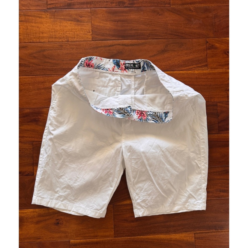 Free Planet Mens White Cotton Spandex Casual Shorts Size 38 Tropical Print Liner